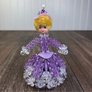 Vtg Handmade Safety Pin Purple Dress Beaded Doll Girl Figure Yellow Blonde